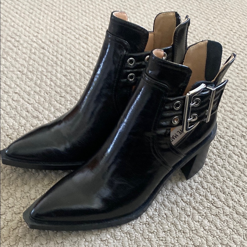 Steve Madden Glossy Black Ankle Boots with Metallic Buckles